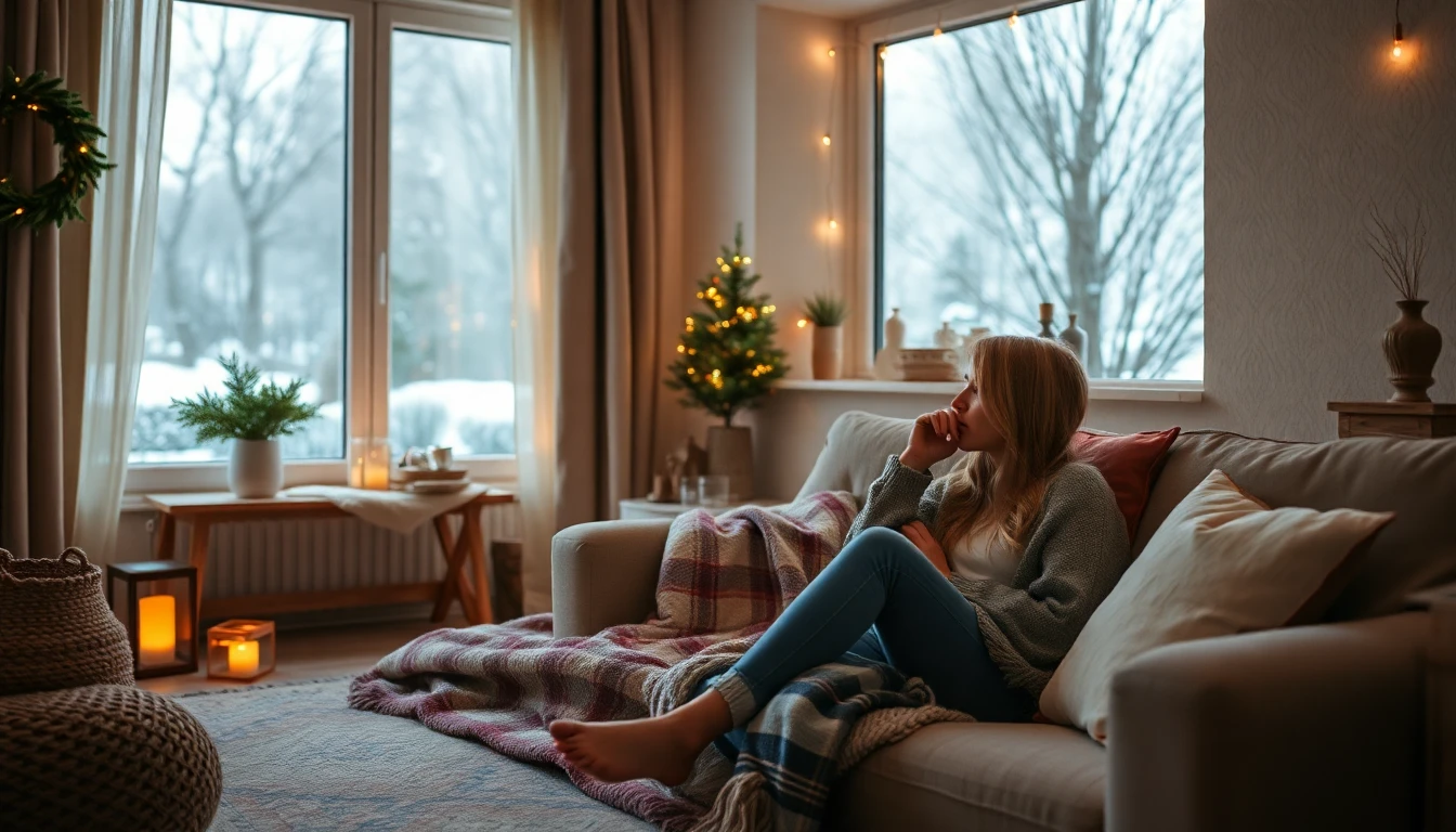 Moment de détente à la maison en hiver avec plaid, lecture et bouillotte dans une ambiance lifestyle chaleureuse