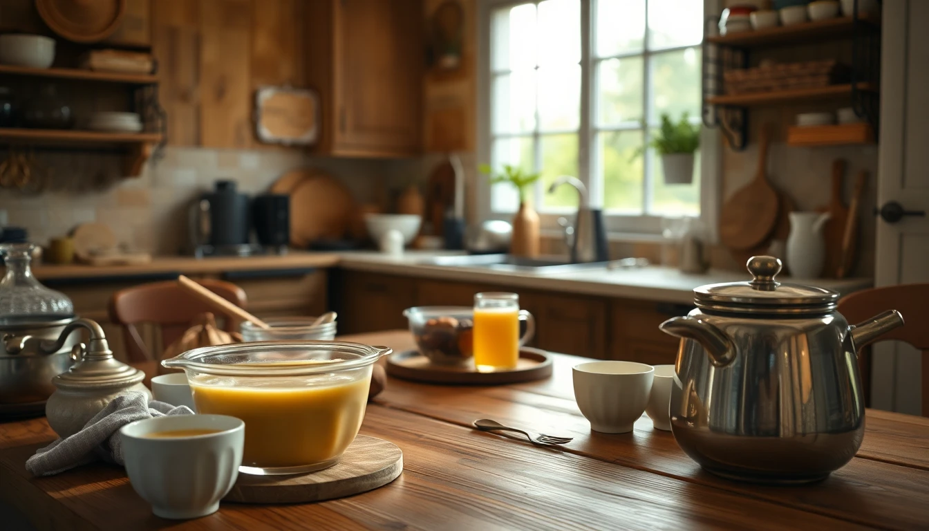 Préparation de yaourts maison avec des pots en verre devant une yaourtière familiale dans une cuisine de maison