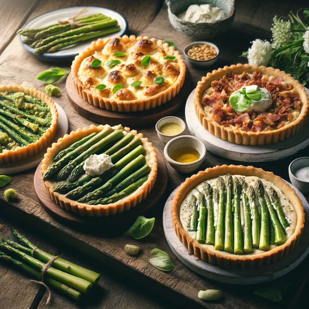 Différentes versions de tarte aux asperges présentées sur une table en bois : une avec du fromage de chèvre, une autre sans gluten, une garnie de bacon croustillant, et une version végane avec crème à base de plantes.